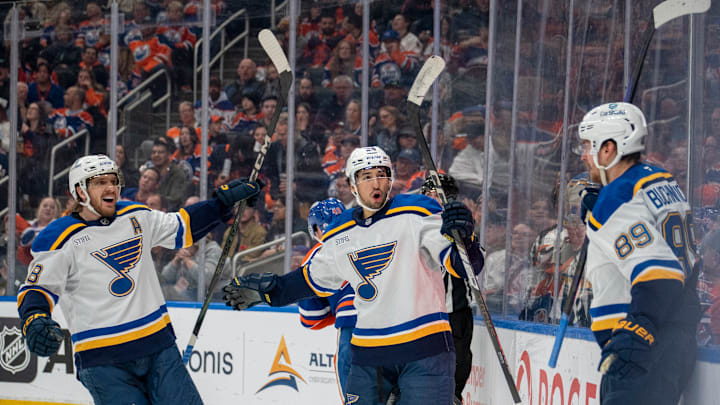 Three standout leaders of the Blues: forwards Robert Thomas, Jordan Kyrou, and Pavel Buchnevich