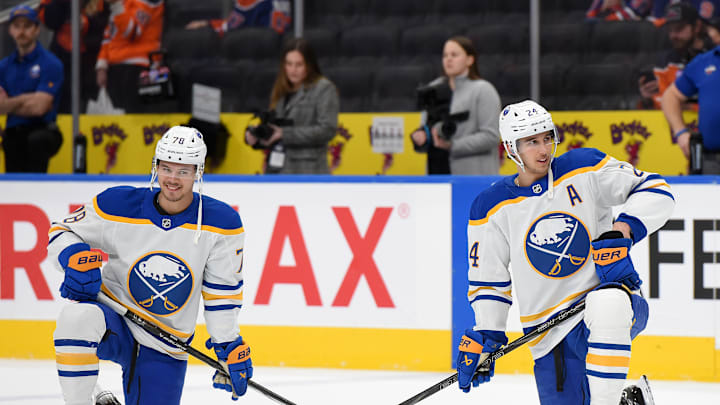 January 26th, 2025; Edmonton, Alberta, CAN; Jacob Bryson (78) and Dylan Cozens (24) chatting during their pregame skate against the Edmonton Oliers.