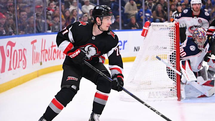 Ryan McLeod (71) with the puck in a game against the Columbus Blue Jackets. 