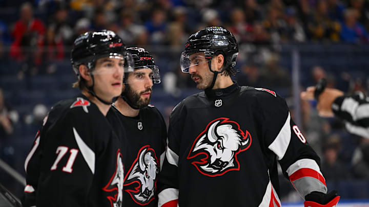 Buffalo Sabres players Ryan McLeod, Conor Timmins and Alex Tuch