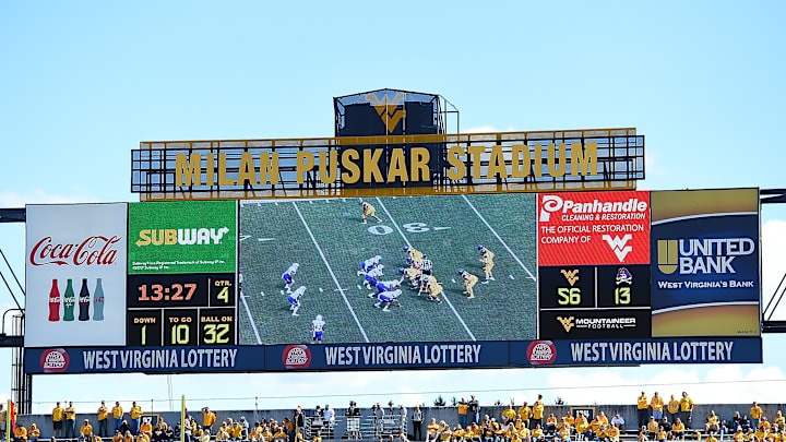 The scoreboard at Milan Puskar Stadium, home of the WVU Mountaineers.