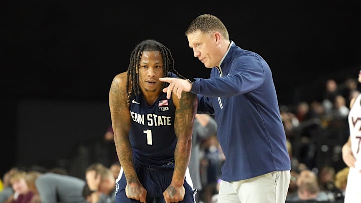 Penn State guard Ace Baldwin (left), Penn State head coach Mike Rhoades (right)