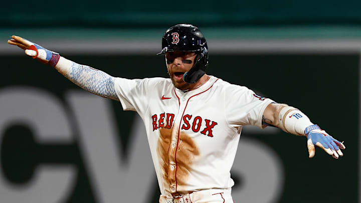 Boston Red Sox shortstop Trevor Story celebrates against the Cleveland Guardians.