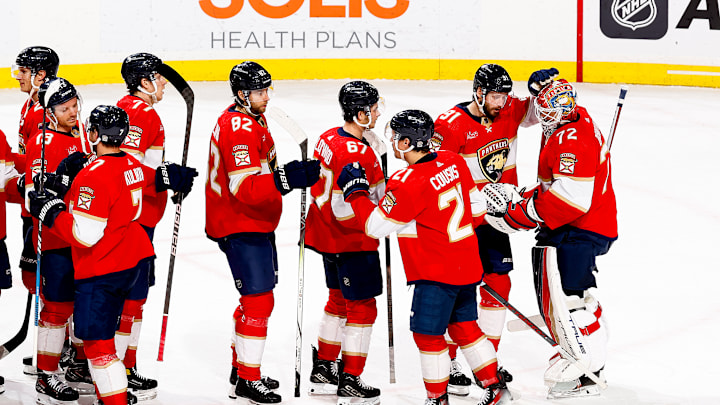 The Florida Panthers celebrate a win over the New York Rangers on December 29, 2023.