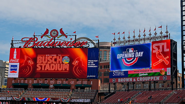 The Twins are visiting Busch Stadium in St. Louis for Opening Day, but it's expected to be sunnier than this photo taken in 2023.