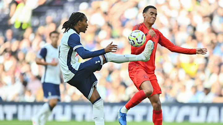 Spence contesting for the ball with Jamal Musiala of Bayern Munich during the friendly last weekend - Tottenham Hotspur v FC Bayern Munich - Pre-Season Friendly