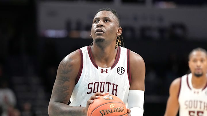 South Carolina basketball player B.J. Mack readies himself prior to a free-throw attempt.
