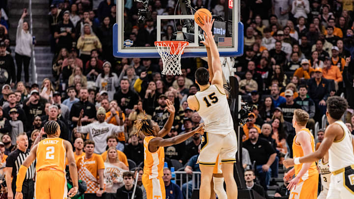 Zach Edey of the Purdue Boilermakers in action against the Tennessee Volunteers