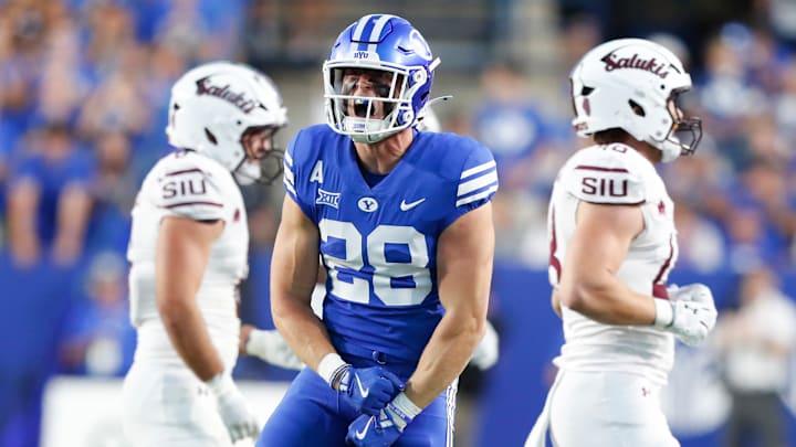 BYU's Tanner Wall celebrates a defensive stop against Southern Illinois.