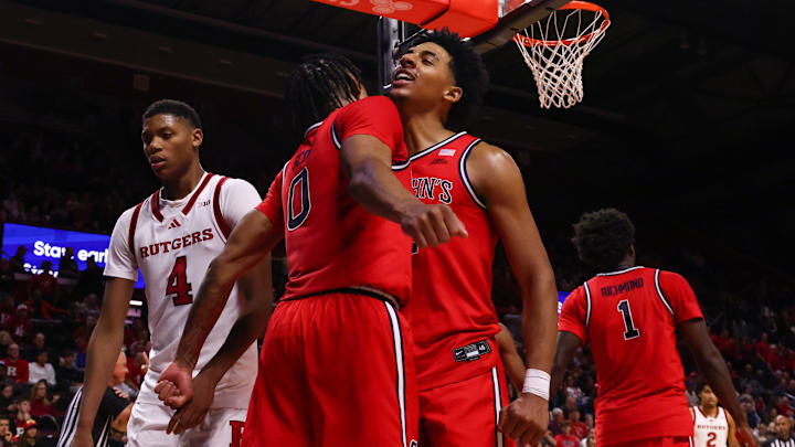 St. John's v Rutgers; St. John's basketball forwards RJ Luis and Zuby Ejiofor celebrate against Rutgers