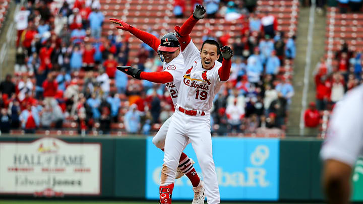 Tommy Edman and Lars Nootbaar celebrate after Edman's walk-off RBI April 16th against the Pittsburgh Pirates