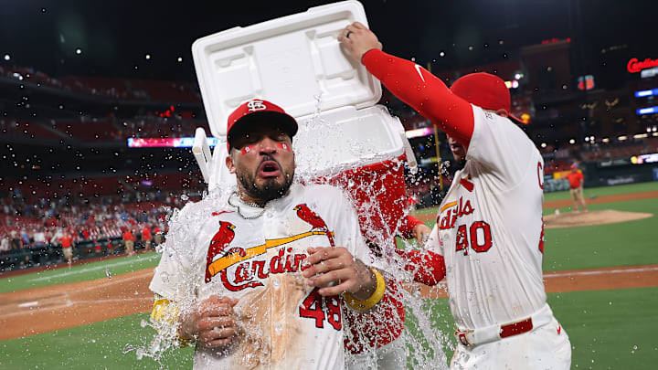 St. Louis Cardinals catcher Iván Herrera celebrates a walk off against the San Diego Padres.