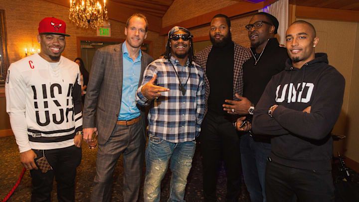 Former Seahawks Marshawn Lynch, B.J. Daniels, Doug Baldwin, Michael Bennett, Doug Hendrickson, Cliff Avril Former Seahawks Marshawn Lynch, B.J. Daniels, Doug Baldwin, Michael Bennett, Doug Hendrickson, Cliff Avril