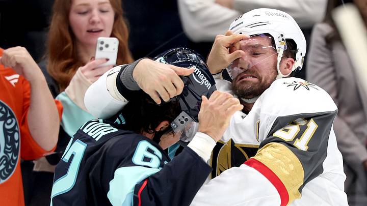 Brandon Montour and Mark Stone during their third-period brawl. Brandon Montour and Mark Stone during their third-period brawl.