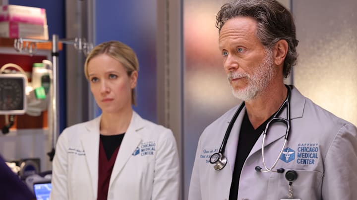 Steven Weber and Jessy Schram looking concerned from Chicago Med - Season 9 Steven Weber and Jessy Schram looking concerned from Chicago Med - Season 9
