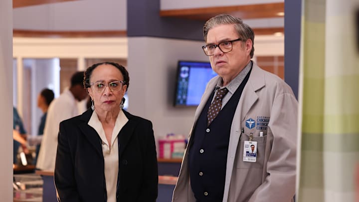 S. Epatha Merkerson and Oliver Platt looking worried from Chicago Med - Season 9
