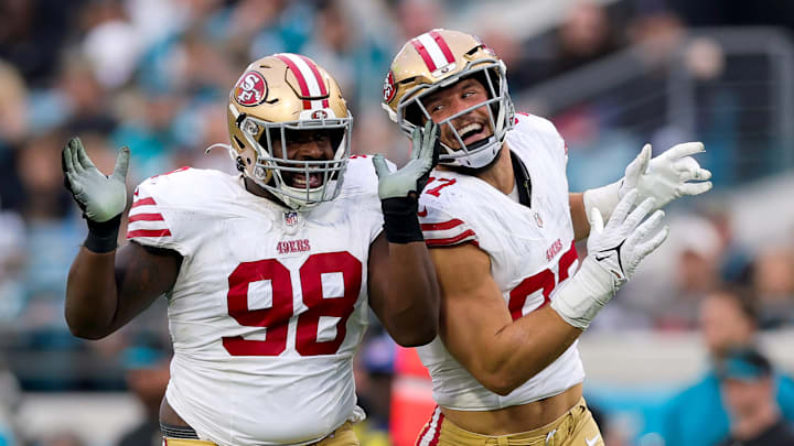 San Francisco 49ers defensive linemen Javon Hargrave (98) and Nick Bosa (97)