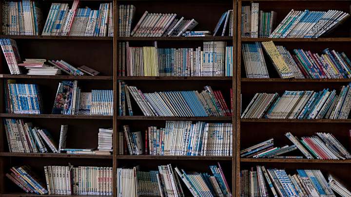 Books stacked on a shelf