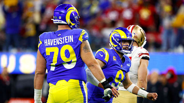 Los Angeles Rams offensive tackle Rob Havenstein (79) and quarterback Matthew Stafford (9)