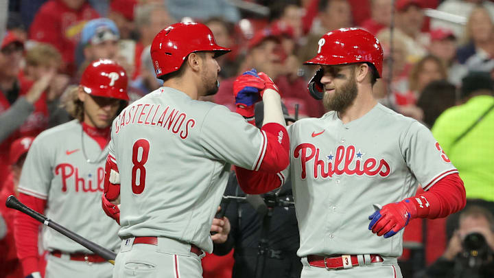 Nick Castellanos and Bryce Harper of the Philadelphia Phillies