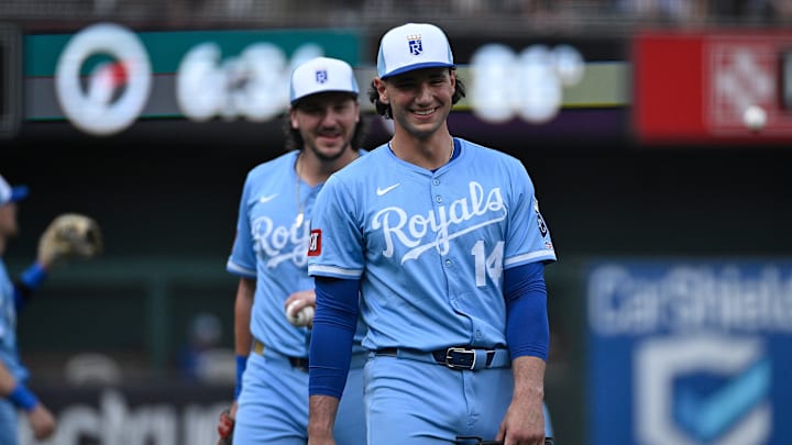 Jac Caglianone (14) and Vinnie Pasqauntino leave Busch Stadium happy as they earned a series victory against the St. Louis Cardinals