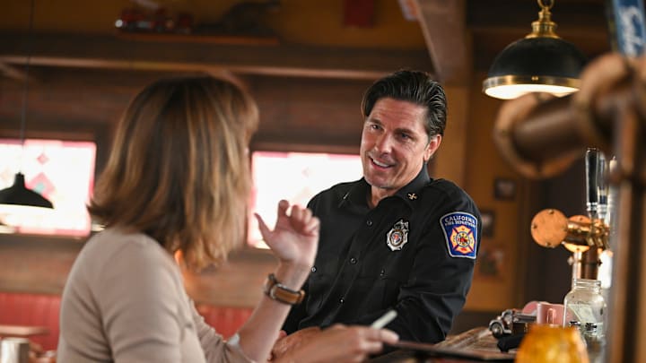 “Get Some, Be Safe” – A vegetation fire gets complicated for the crew when a panicked horse refuses to evacuate a burning barn. Meanwhile, Vince’s brother Luke, the Cal Fire communications director, makes a surprise visit in town, on FIRE COUNTRY, Friday, Nov. 4 (9:00-10:00 PM, ET/PT) on the CBS Television Network, and available to stream live and on demand on Paramount+*. Pictured (L-R): Diane Farr as Sharon Leone and Michael Truce as Luke Leone. Photo: Sergei Bachlakov/CBS ©2022 CBS
