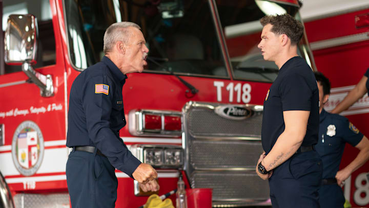 9-1-1 - “Buzzkill” - The 118 team battles an “un-bee-lievable” emergency when a trailer with millions of bees crashes on the streets of Los Angeles, unleashing a swarm. THURSDAY, SEPT. 26 (8:00-9:00 p.m. EDT) on ABC. (Disney/Christopher Willard) 
BRIAN THOMPSON, OLIVER STARK