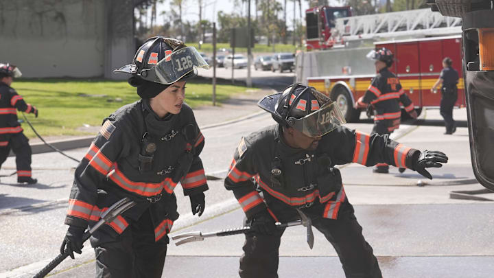 9-1-1 LONE STAR: L-R: Natacha Karam and Brian Michael Smith in the "Both Sides, Now" season premiere episode of 9-1-1 LONE STAR airing Monday, Sept 23 (8:00-9:02 PM ET/PT) on FOX. © 2024 Fox Media LLC. CR: Kevin Estrada/FOX.CR: Kevin Estrada/FOX.