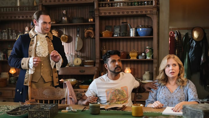 “The Primary Source” – When Sam’s book publisher requires source material for her biography on Isaac, she and Jay take a field trip to find a diary he claims he hid when he was alive, on the CBS Original series GHOSTS, Thursday, Dec. 5 (8:31-9:01 PM, ET/PT) on the CBS Television Network, and streaming on Paramount+ (live and on demand for Paramount+ with SHOWTIME subscribers, or on demand for Paramount+ Essential subscribers the day after the episode airs)*. Pictured (L-R): Brandon Scott Jones