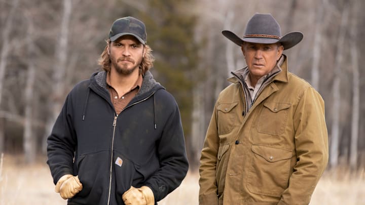 Yellowstone Photo Credit: Emerson Miller for Paramount Network Pictured (L-R): Luke Grimes as Kayce Dutton and Kevin Costner as John Dutton