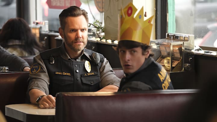 ANIMAL CONTROL: L-R: Joel McHale and Michael Rowland in the "Raccoons and Mutts" season premiere episode of ANIMAL CONTROL airing Wednesday, Mar 6 (9:01-9:30 PM ET/PT) on FOX. © 2024 Fox Media LLC. CR: Bettina Strauss/FOX.
