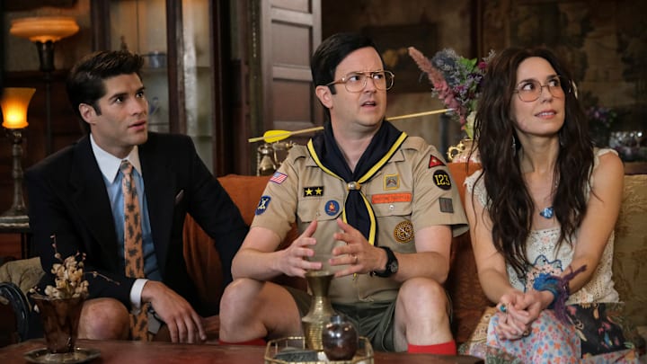 “St. Hetty’s Day” – Hetty’s ghost power is revealed when Jay’s cousin Sunil visits Woodstone Mansion on St. Patrick’s Day, on the CBS Original series GHOSTS, Thursday, March 13 (8:31-9:01 PM, ET/PT) on the CBS Television Network, and streaming on Paramount+ (live and on demand for Paramount+ with SHOWTIME subscribers, or on demand for Paramount+ Essential subscribers the day after the episode airs)*. Pictured (L-R): Asher Grodman as Trevor, Richie Moriarty as Pete, and Sheila Carrasco as Flower.