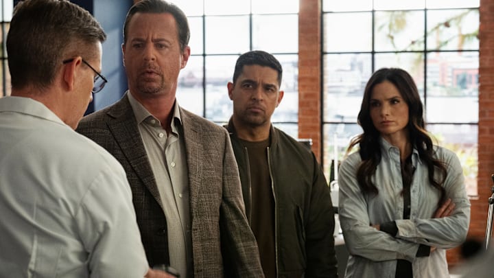 “S.O.S.” - CBS Original Series NCIS, scheduled to air TUESDAY, April 16, 2026(8:00 PM ET/PT) Pictured (L-R): Sean Murray as Timothy McGee, Wilmer Valderrama as Nick Torres, Katrina Law as Jessica Knight, Brian Dietzen as Jimmy Palmer Photo: Robert Voets/CBS ©2026 CBS Broadcasting, Inc. All Rights Reserved.