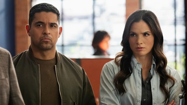 “S.O.S.” - CBS Original Series NCIS, scheduled to air TUESDAY, April 16, 2026 (8:00 PM ET/PT) Pictured (L-R): Wilmer Valderrama as Nick Torres, Katrina Law as Jessica Knight Photo: Robert Voets/CBS ©2026 CBS Broadcasting, Inc. All Rights Reserved.