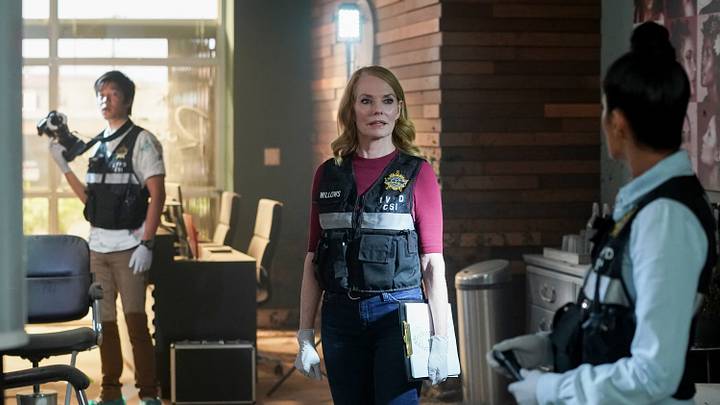 “When the Dust Settles” – Catherine’s day off with her granddaughter gets interrupted when a woman wakes up from a four-year coma and remembers details from the night her sister died in their hair salon, on the CBS Original series CSI: VEGAS, Feb. 2 (10:00-11:00 PM, ET/PT) on the CBS Television Network, and available to stream live and on demand on Paramount+. Pictured: Jay Lee as Chris Park, Marg Helgenberger as Catherine Willows and Mandeep Dhillon as Allie Rajan. Photo: Sonja Flemming/CBS