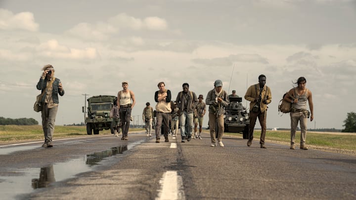 Charlie Plummer as Barkovitch, Garrett Wareing as Stebbins, Cooper Hoffman as Garraty, David Jonsson as McVries, Ben Wang as Olson, Tut Nyuot as Baker, and Joshua Odjick as Parker in The Long Walk. Photo Credit: Murray Close/Lionsgate