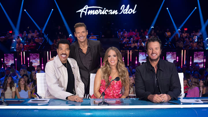 Lionel Richie, Ryan Secrest, Carrie Underwood, and Luke Bryan on American Idol. 