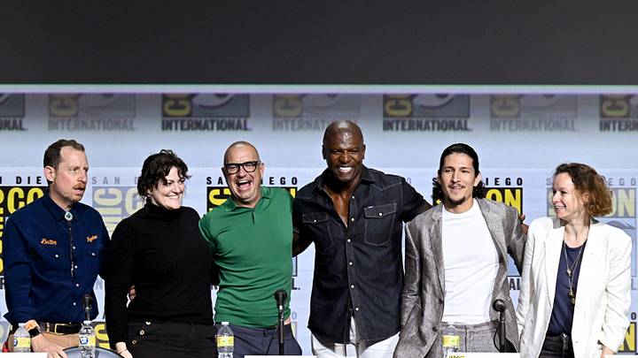 Scott M. Gimple, Chris Hardwick, Channing Powell, Michael E. Satrazemis, Terry Crews, Danny Ramirez and Samantha Morton speak onstage at the Tales of the Walking Dead panel in Hall H at the 2022 Comic-Con International held at the San Diego Convention Center on July 22, 2022 in San Diego, California Scott M. Gimple, Chris Hardwick, Channing Powell, Michael E. Satrazemis, Terry Crews, Danny Ramirez and Samantha Morton speak onstage at the Tales of the Walking Dead panel in Hall H at the 2022 Comic-Con International held at the San Diego Convention Center on July 22, 2022 in San Diego, California