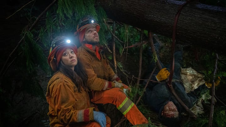 “False Promises” – A massive tree falls during a reforestation assignment, threatening Eve’s life and forcing Bode to step up and lead the rescue efforts, on FIRE COUNTRY, Friday, March 3 (9:00-10:00 PM, ET/PT) on the CBS Television Network and available to stream live and on demand on Paramount+. Pictured (L-R): Fiona Rene as Rebecca Lee, Max Thieriot as Bode Donovan, and Jules Latimer as Eve Edwards. Photo: Sergei Bachlakov/CBS ©2023 CBS Broadcasting, Inc. All Rights Reserved.