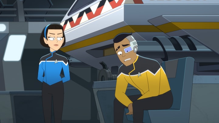 L-R: Gabrielle Ruiz as T'Lyn and Eugene Cordero as Rutherford in episode 2, season 5 of Lower Decks streaming on Paramount+, 2024. Photo Credit: Paramount+