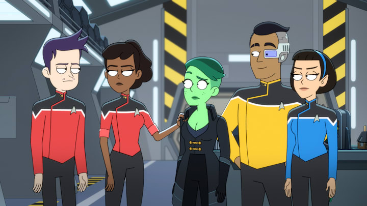 L-R: Jack Quaid as Boimler, Tawny Newsome as Beckett Mariner, NoÎl Wells as DíVana Tendi, Eugene Cordero as Rutherford, and Gabrielle Ruiz as T'Lyn in episode 2, season 5 of Lower Decks streaming on Paramount+, 2024. Photo Credit: Paramount+