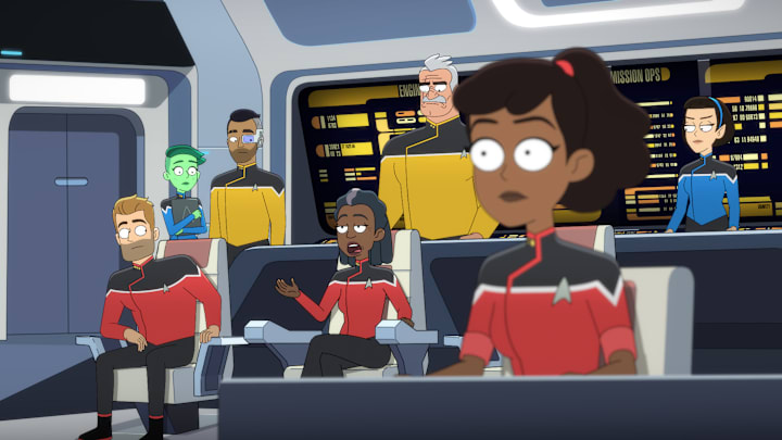 L-R: Jerry OíConnell as Jack Ransom, NoÎl Wells as DíVana Tendi, Eugene Cordero as Rutherford, Dawnn Lewis as Captain Carol Freeman, Fred Tatasciore as Lieutenant Shaxs, Tawny Newsome as Beckett Mariner, and Gabrielle Ruiz as T'Lyn in episode 7, season 5 of Lower Decks streaming on Paramount+, 2024. Photo Credit: Paramount+
