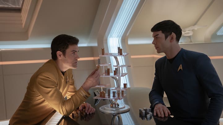 L to R Paul Wesley as Kirk and Ethan Peck as Spock in season 3, Episode 6 of Strange New Worlds streaming on Paramount+.