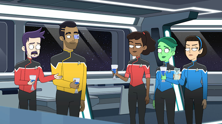 L-R: Jack Quaid as Boimler, Eugene Cordero as Rutherford, Tawny Newsome as Beckett Mariner, NoÎl Wells as DíVana Tendi, and Gabrielle Ruiz as T'Lyn in episode 7, season 5 of Lower Decks streaming on Paramount+, 2024. Photo Credit: Paramount+