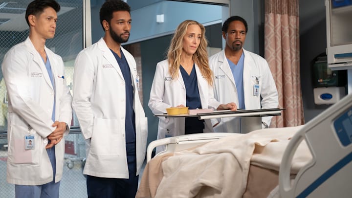 GREY’S ANATOMY - “Love You Like a Love Song” - Jo and Link’s wedding day arrives, along with some visitors. Meanwhile, Teddy and Owen are met with a familiar face seeking treatment, and Lucas disagrees with Simone on how to approach a patient’s worsened condition. THURSDAY, MAY 8 (10:00-11:00 p.m. EDT) on ABC. (Disney/Anne Marie Fox) 
HARRY SHUM JR., ANTHONY HILL, KIM RAVER, JASON GEORGE