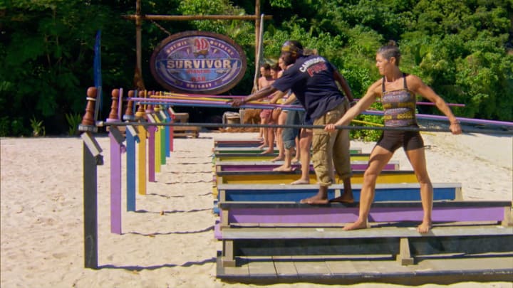 "This is Extortion - Denise Stapley and the rest of the Islanders compete for Immunity on the Eleventh episode of SURVIVOR: WINNERS AT WAR, airing Wednesday, April 22nd (8:00-9:01 PM, ET/PT) on the CBS Television Network. Photo: Screen Grab/CBS Entertainment ©2020 CBS Broadcasting, Inc. All Rights Reserved