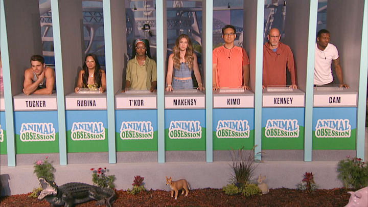 BIG BROTHER season 26 July 28 on the CBS Television Network and live streaming on Paramount+ and PlutoTV. Pictured: HOH Competition: Tucker Des Laruriers, Rubina Bernabe, T’Kor Clottey, Makensy Manbeck, Kimo Apaka, Kenney Kelley and Cam Sullivan-Brown. Photo: CBS ©2024 CBS Broadcasting, Inc. All Rights Reserved. Highest quality screengrab available.