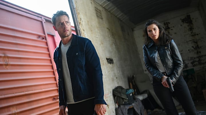 “Bloodlines” – Colter and rival rewardist Billie Matalon team up to find a missing high school baseball star, on the CBS Original series TRACKER, Sunday, Oct. 27 (8:30-9:30 PM, ET/PT) on the CBS Television Network, and streaming on Paramount+* (live and on-demand for Paramount+ with SHOWTIME subscribers, or on-demand for Paramount+ Essential subscribers the day after the episode airs)*. Sofia Pernas returns as Billie Matalon. Pictured: Justin Hartley as Colter Shaw and Sofia Pernas as Billie