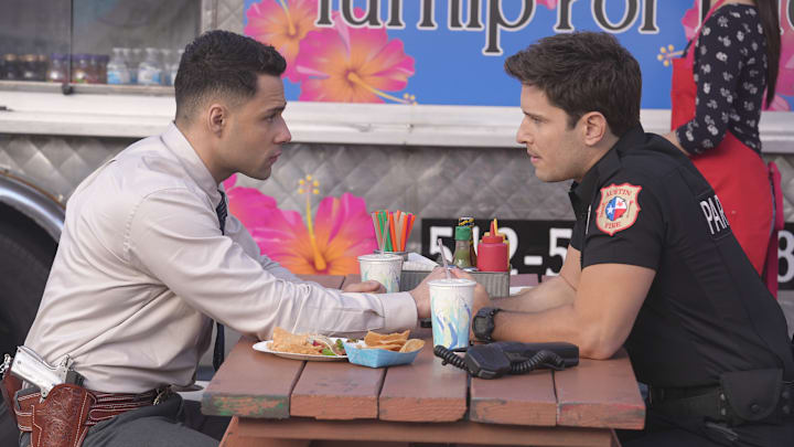 9-1-1 LONE STAR: L-R: Rafael Silva and Ronen Rubinstein in the "Both Sides, Now" season premiere episode of 9-1-1 LONE STAR airing Monday, Sept 23 (8:00-9:02 PM ET/PT) on FOX. © 2024 Fox Media LLC. CR: Kevin Estrada/FOX.CR: Kevin Estrada/FOX.
