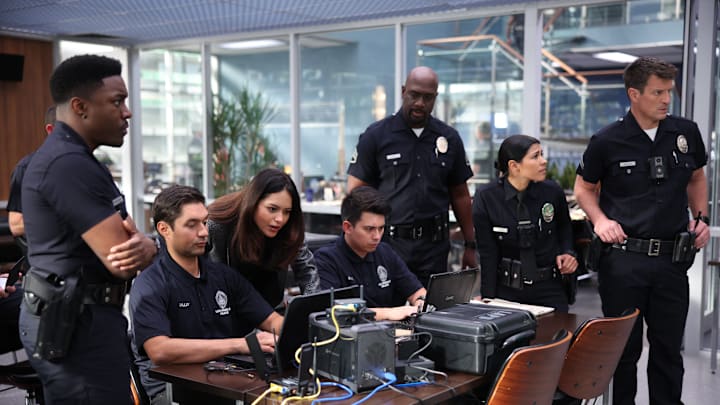 THE ROOKIE - ÒStrike BackÓ - In the aftermath of the assaults in the explosive season five finale, the team must now try to understand why they were targeted and if there is a bigger plan in place. Meanwhile, Nolan must survive his last shift before his wedding to Bailey. TUESDAY, FEB. 20 (9:00-10:00 p.m. EST), on ABC. (Disney/Raymond Liu)
TRU VALENTINO, ALYSSA DIAZ, RICHARD T. JONES, LISSETH CHAVEZ, NATHAN FILLION